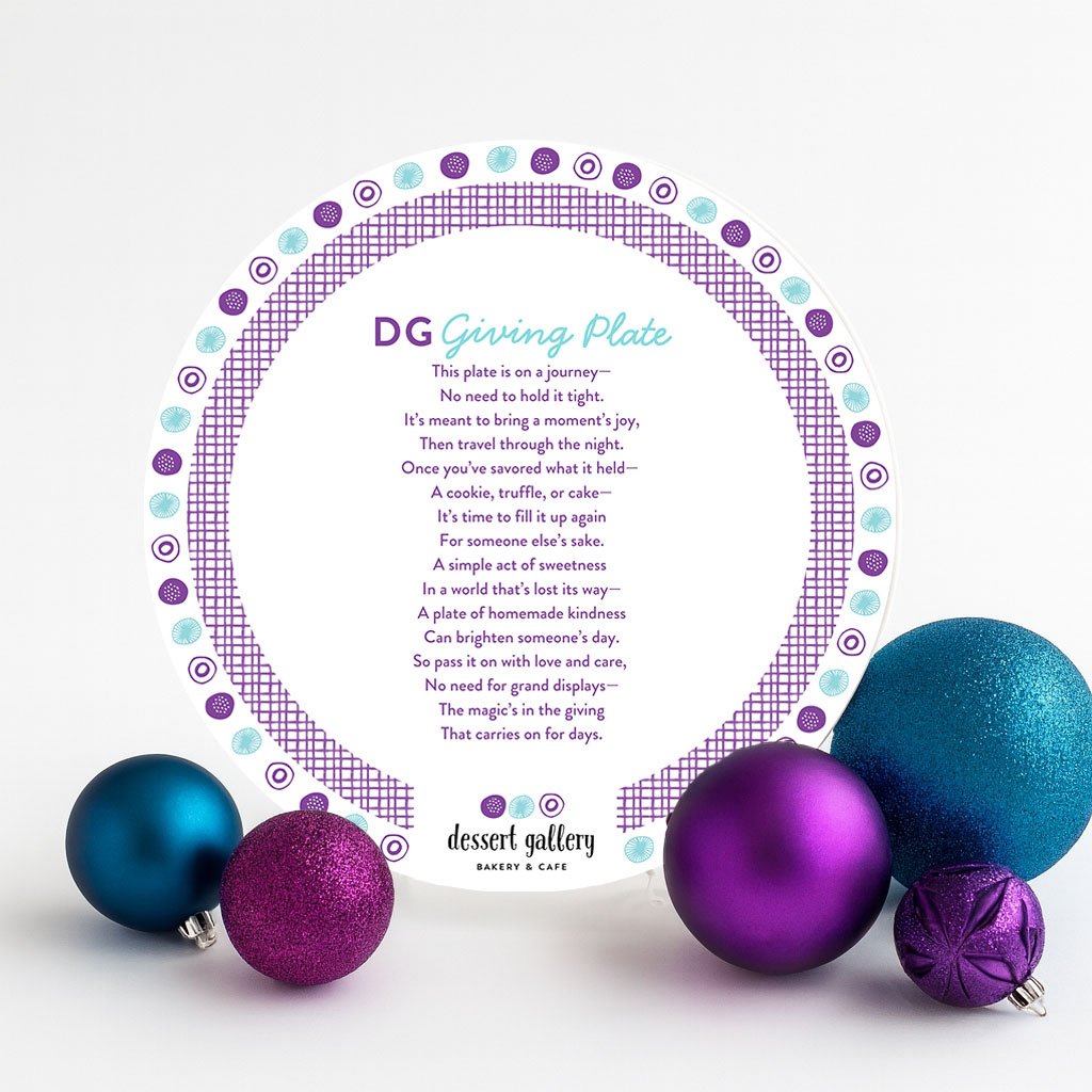 DG Giving Plate with purple and blue holiday ornaments.