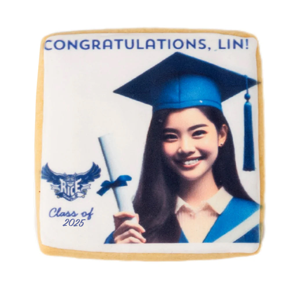 Square graduation cookie with a student photo and logo.