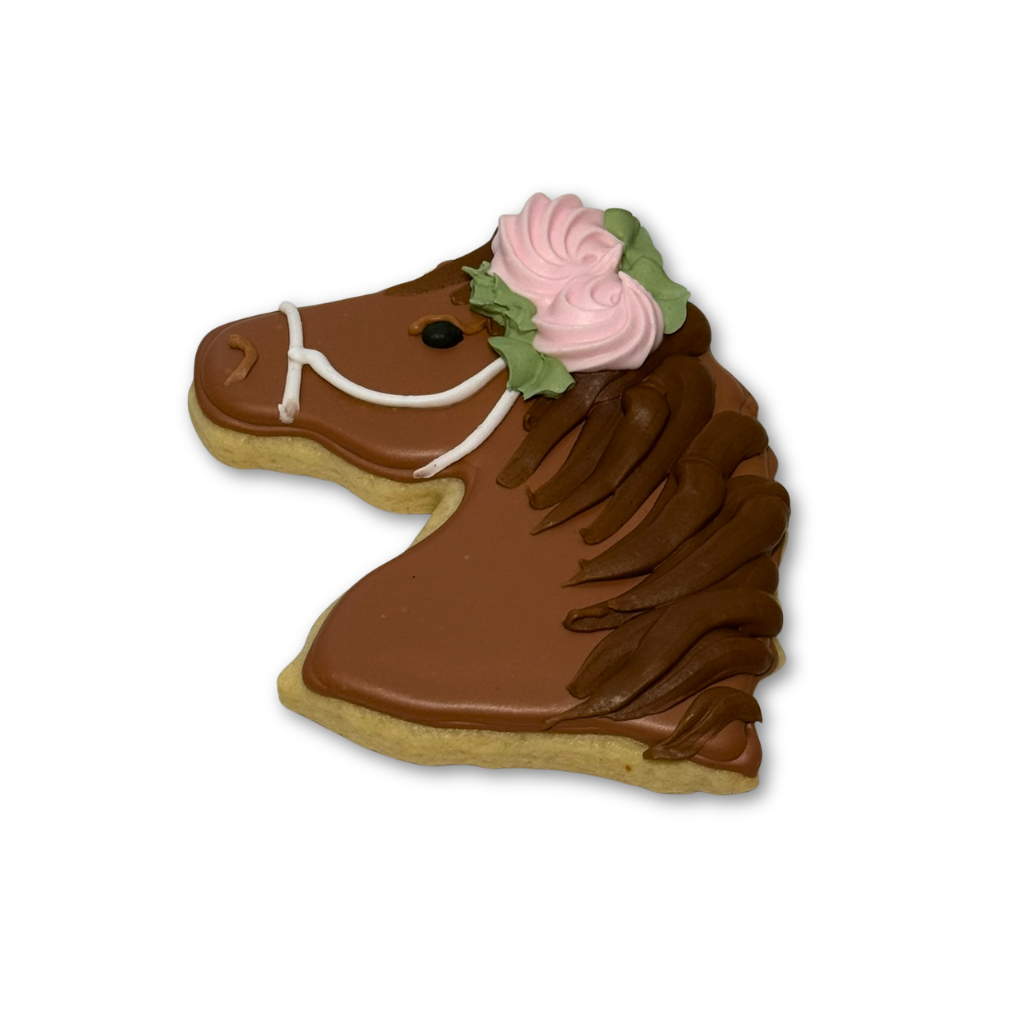 Kentucky Derby horse-shaped cookie with pink floral icing.