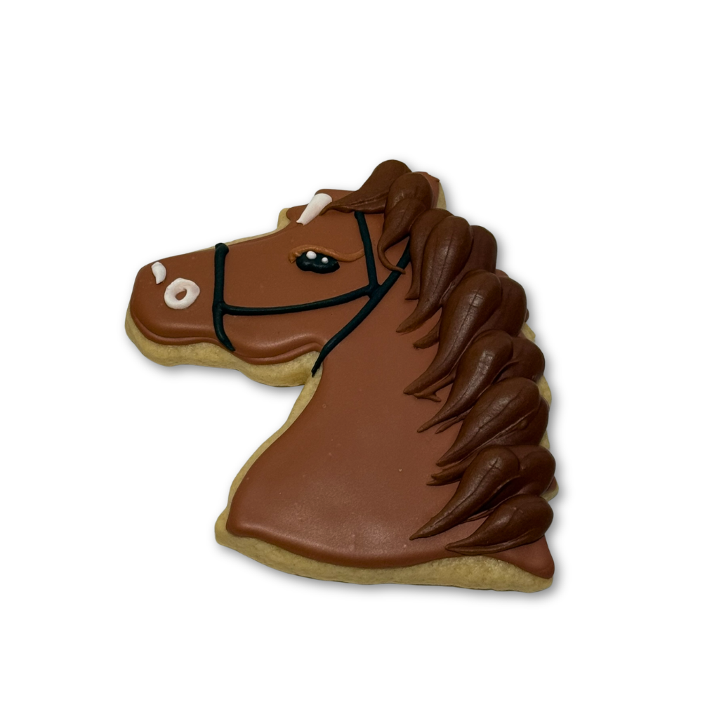 Kentucky Derby horse-shaped cookie with brown icing.