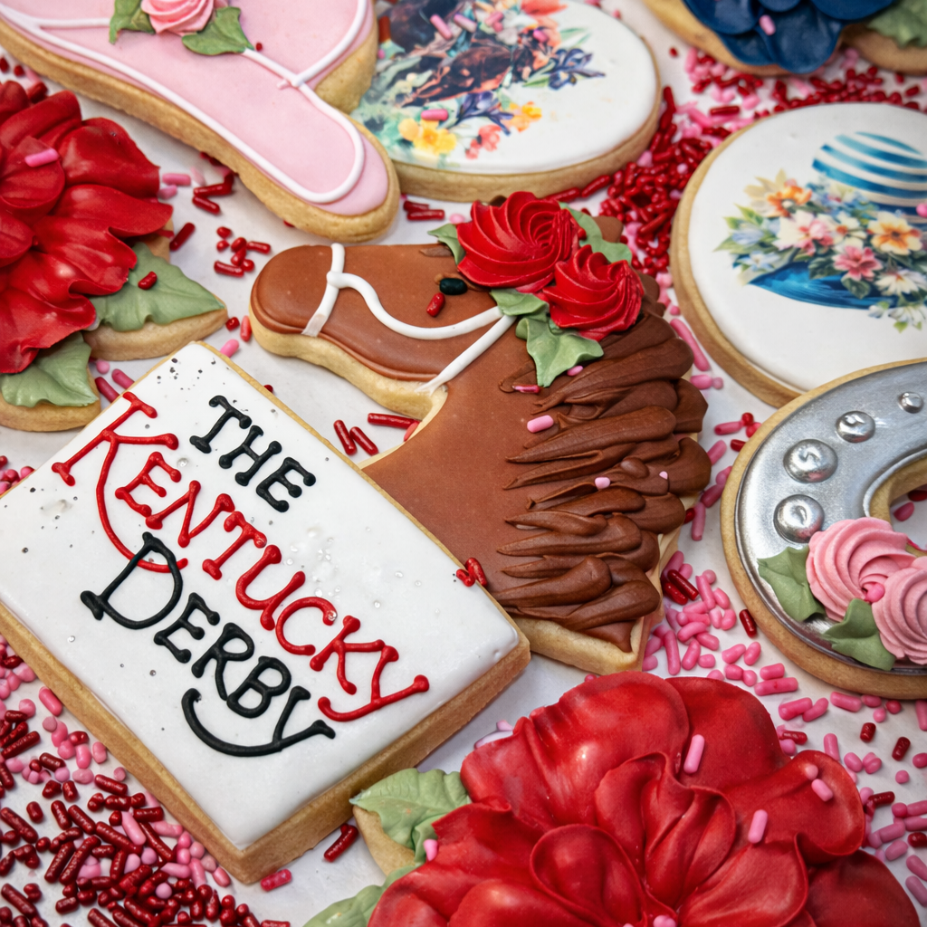 Assorted Kentucky Derby cookies with horse and floral icing.