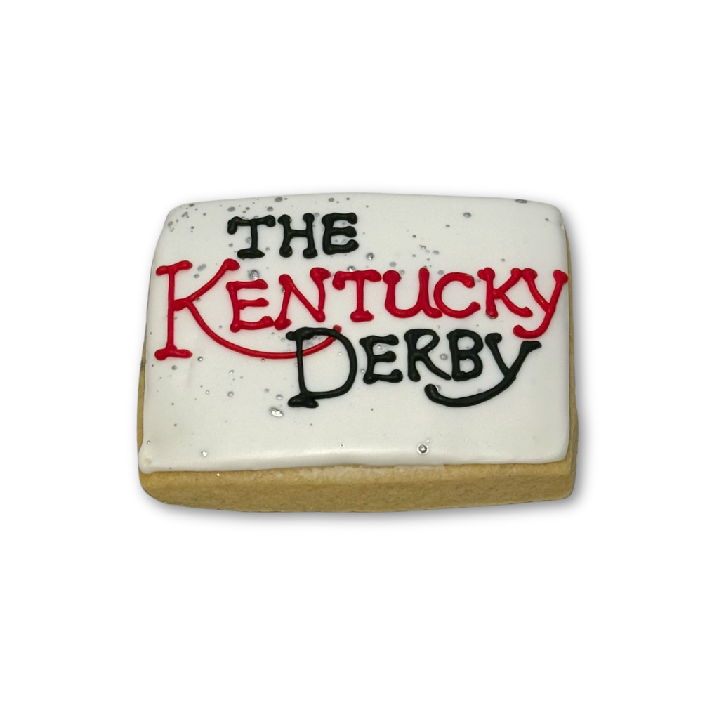 Kentucky Derby cookie with red and black icing on white glaze.