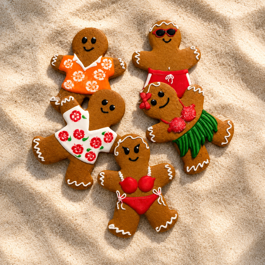 Vacation GingerPeople assorted cookies on sandy beach background