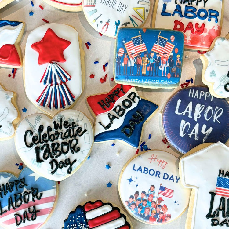 Assorted Labor Day cookies with patriotic icing designs