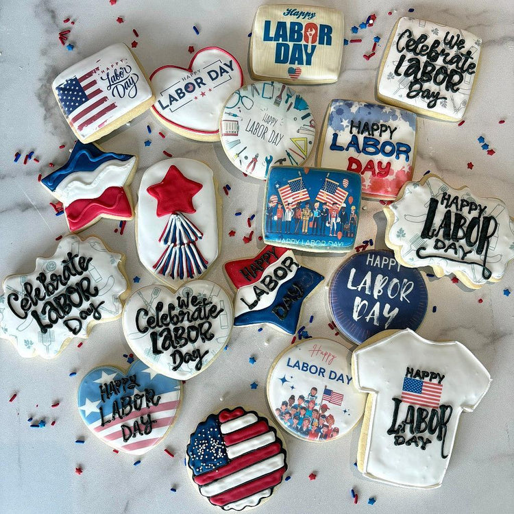 Assorted Labor Day cookies with red, white, and blue icing.