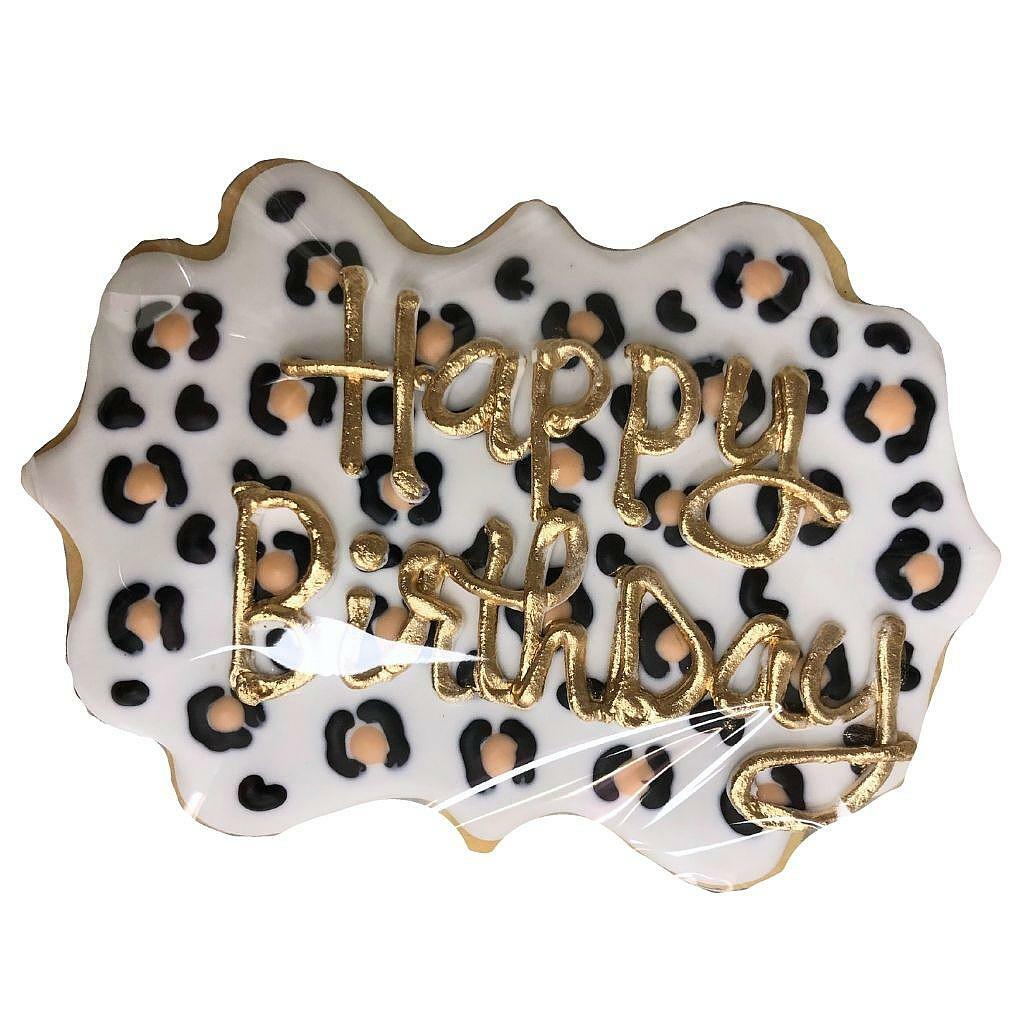 Leopard birthday plaque with gold Happy Birthday lettering