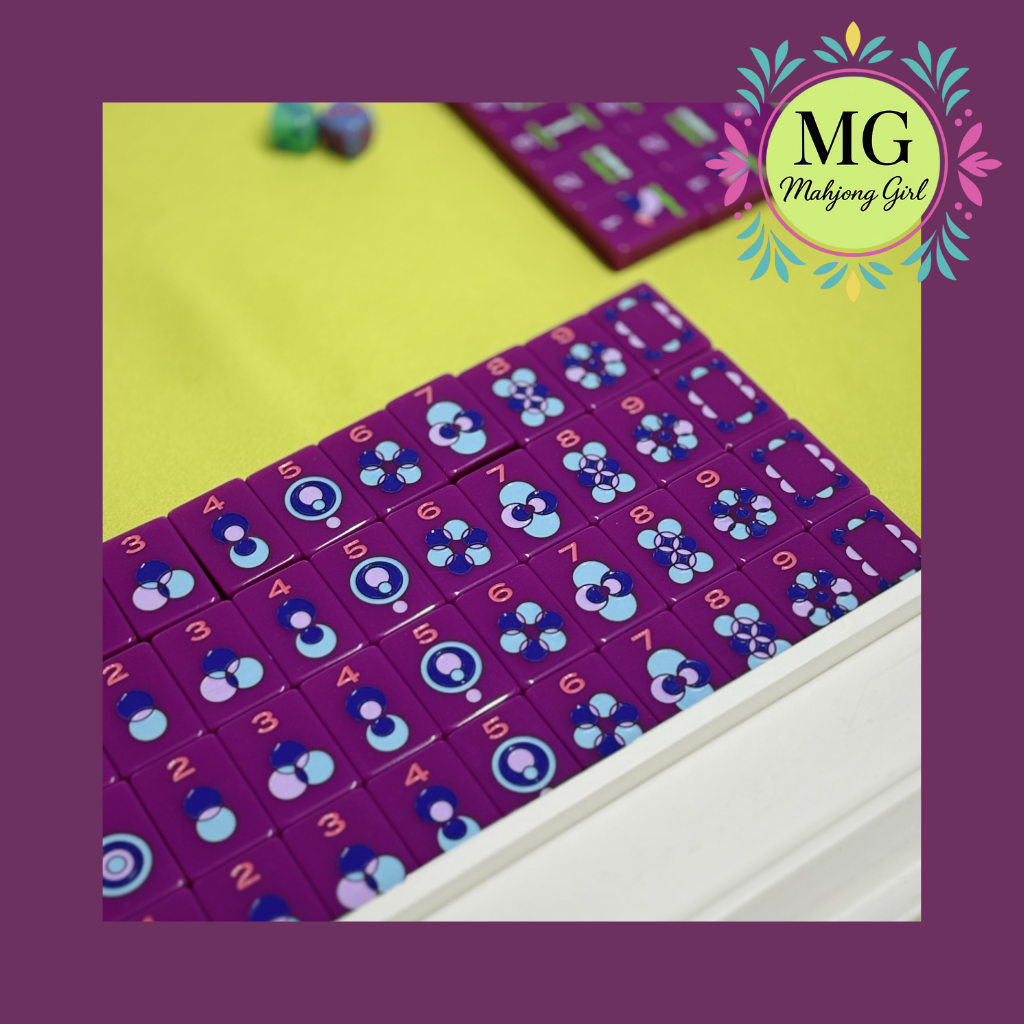 Mahj & Mingle Evening Session purple tiles on yellow felt.