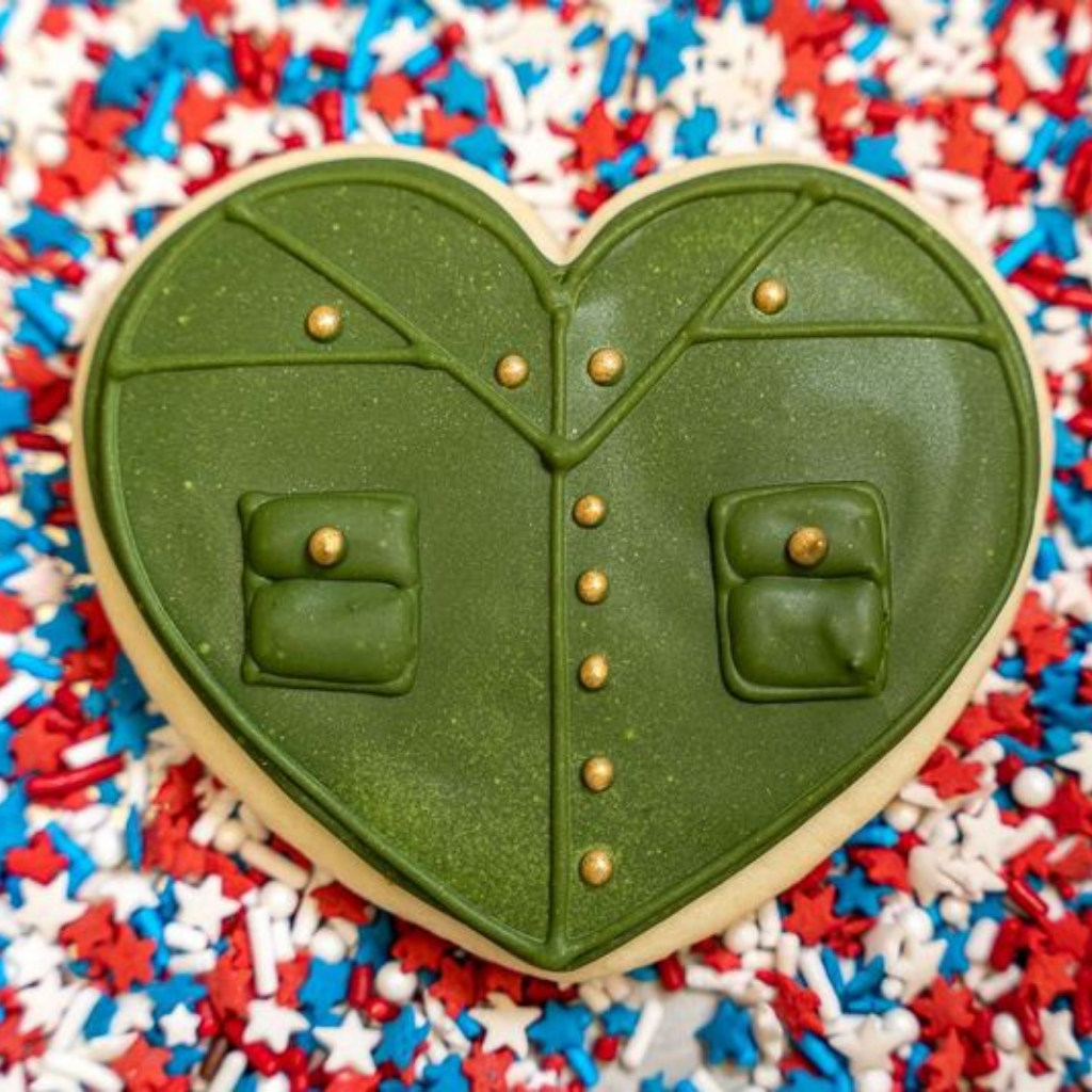 Memorial Day heart cookie shaped like a green military jacket.