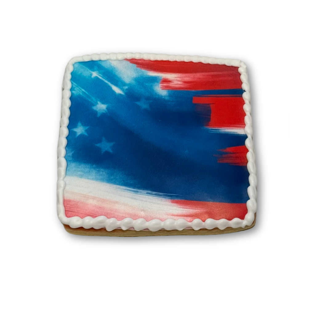 Square Memorial Day cookie with red, white, and blue flag design.