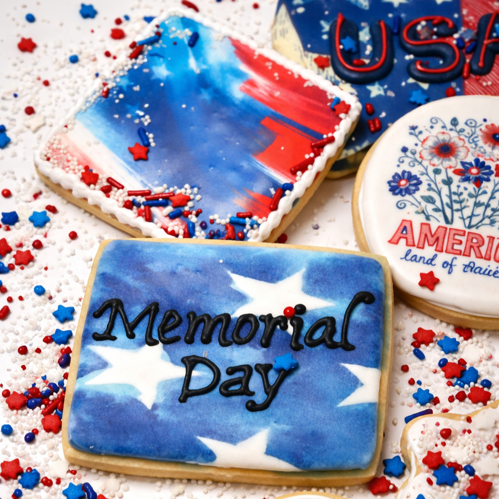 Assorted Memorial Day cookies with red, white, and blue icing.
