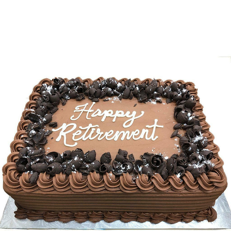 Mom's chocolate sheet cake with Happy Retirement icing.