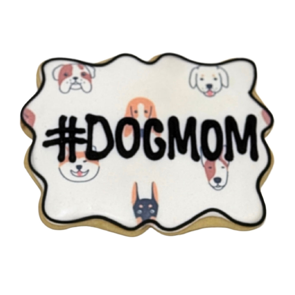 Mother's Day cookie with dog faces and #DOGMOM text.