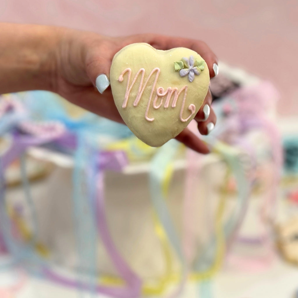Mother's Day heart petit four with pink Mom icing script