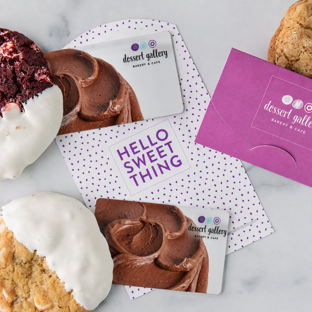 Dessert Gallery gift cards with purple polka dot envelope.