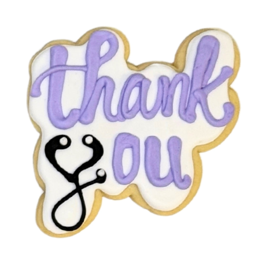 Nurse Appreciation Week cookie with purple Thank You icing.