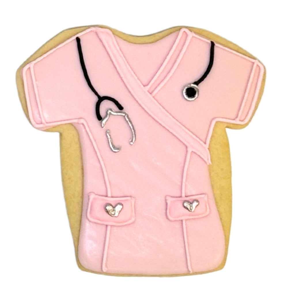 Nurse appreciation cookie shaped like a pink scrub top.