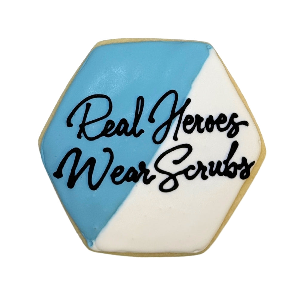 Hexagonal Nurse Appreciation cookie with blue and white icing.