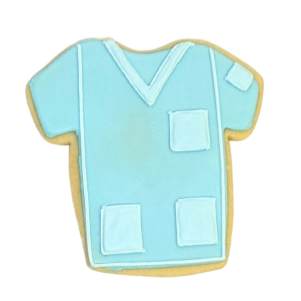 Nurse Appreciation Week cookie shaped like a light blue scrub top.