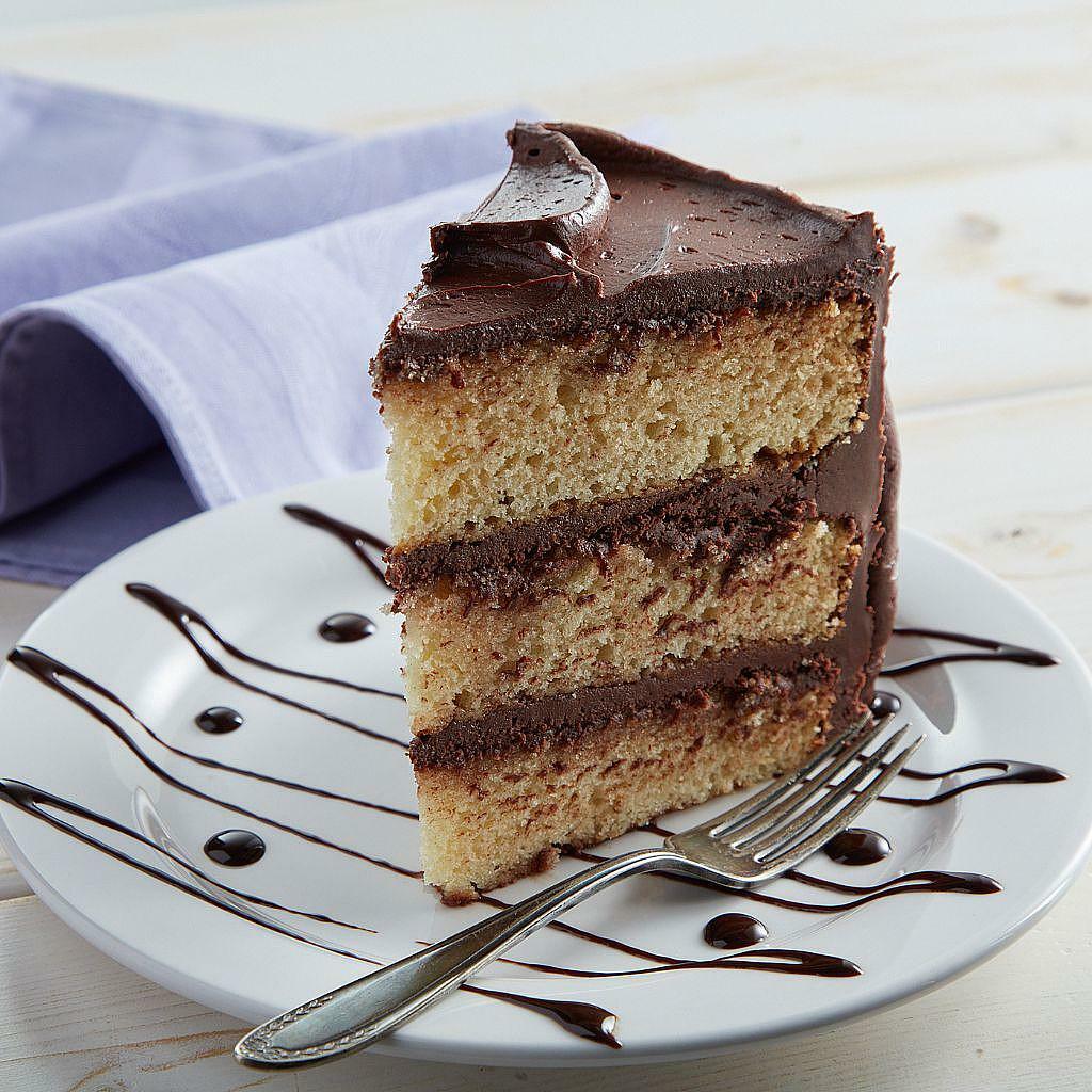 Slice of 9-inch Old-Fashioned Diner Cake with chocolate frosting