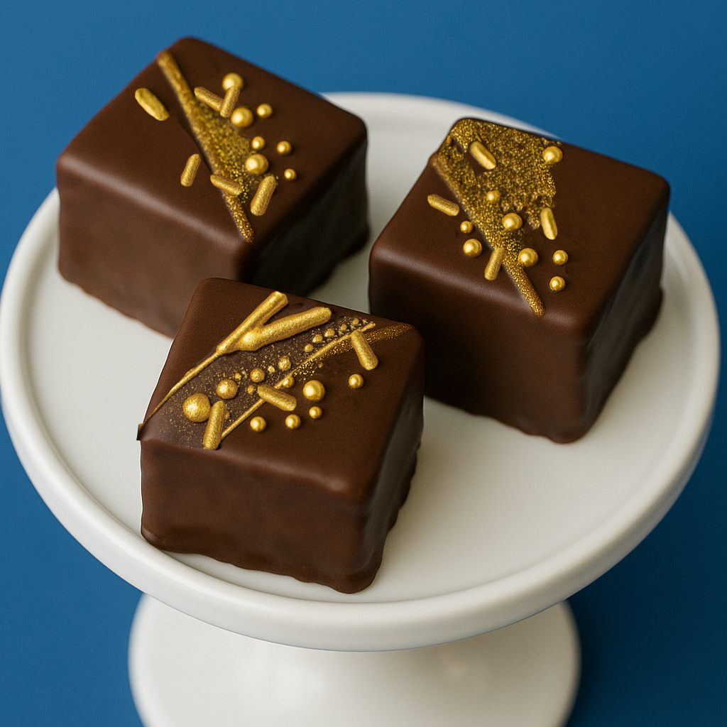 New Year Petit Fours with gold sprinkles on a white stand.