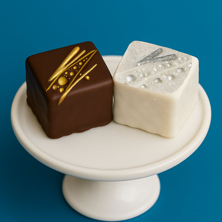 New Year Petit Fours with gold and silver accents on a stand.
