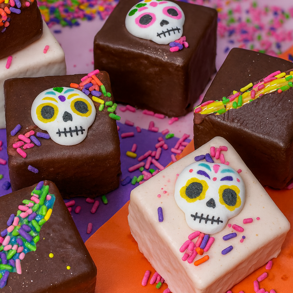 Day of the Dead petit fours with sugar skull toppers and sprinkles