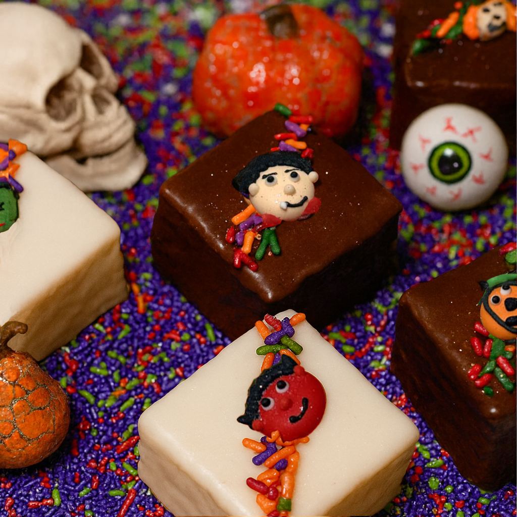 Halloween petit fours with spooky icing on purple sprinkles.
