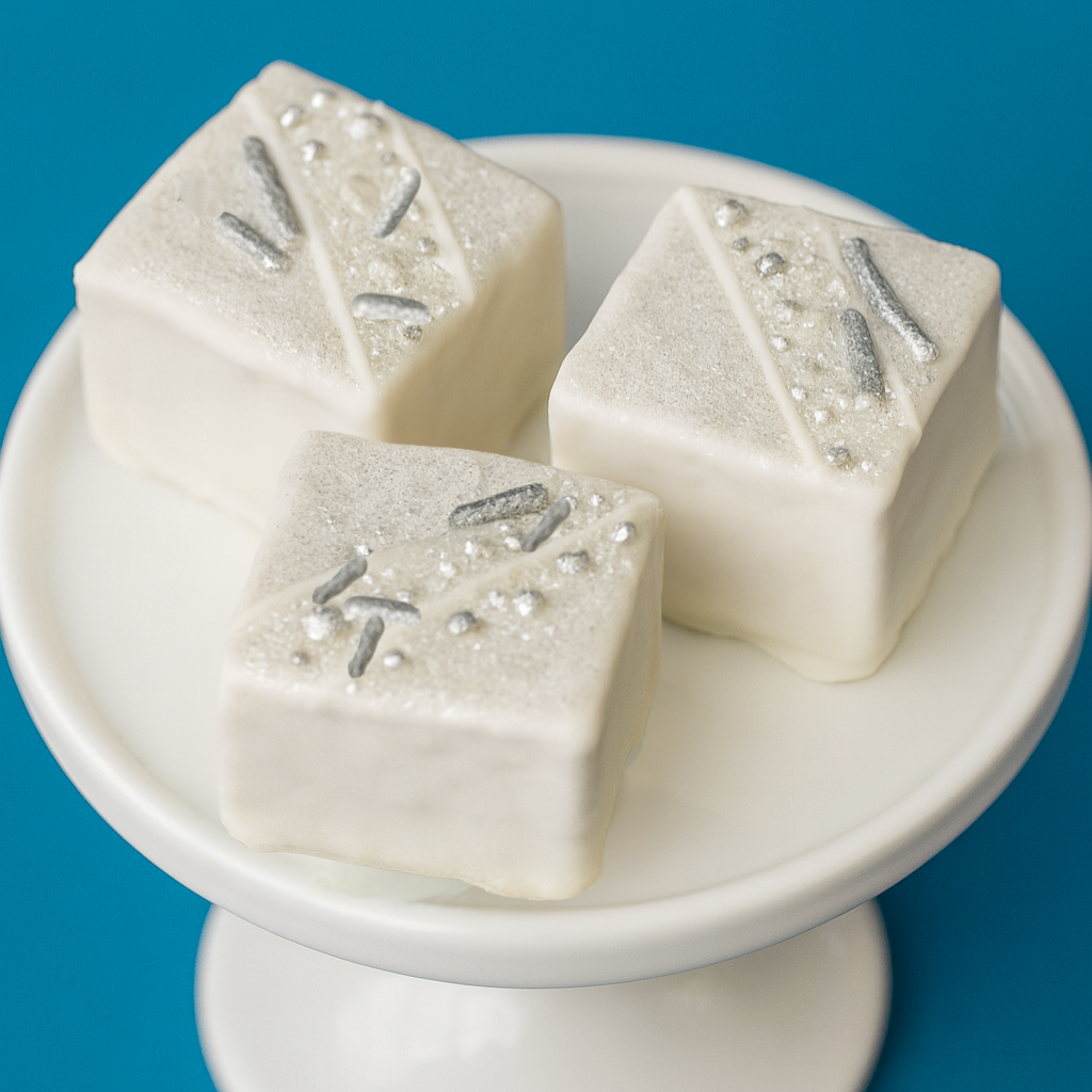 New Year Petit Fours with silver sprinkles on a white stand.