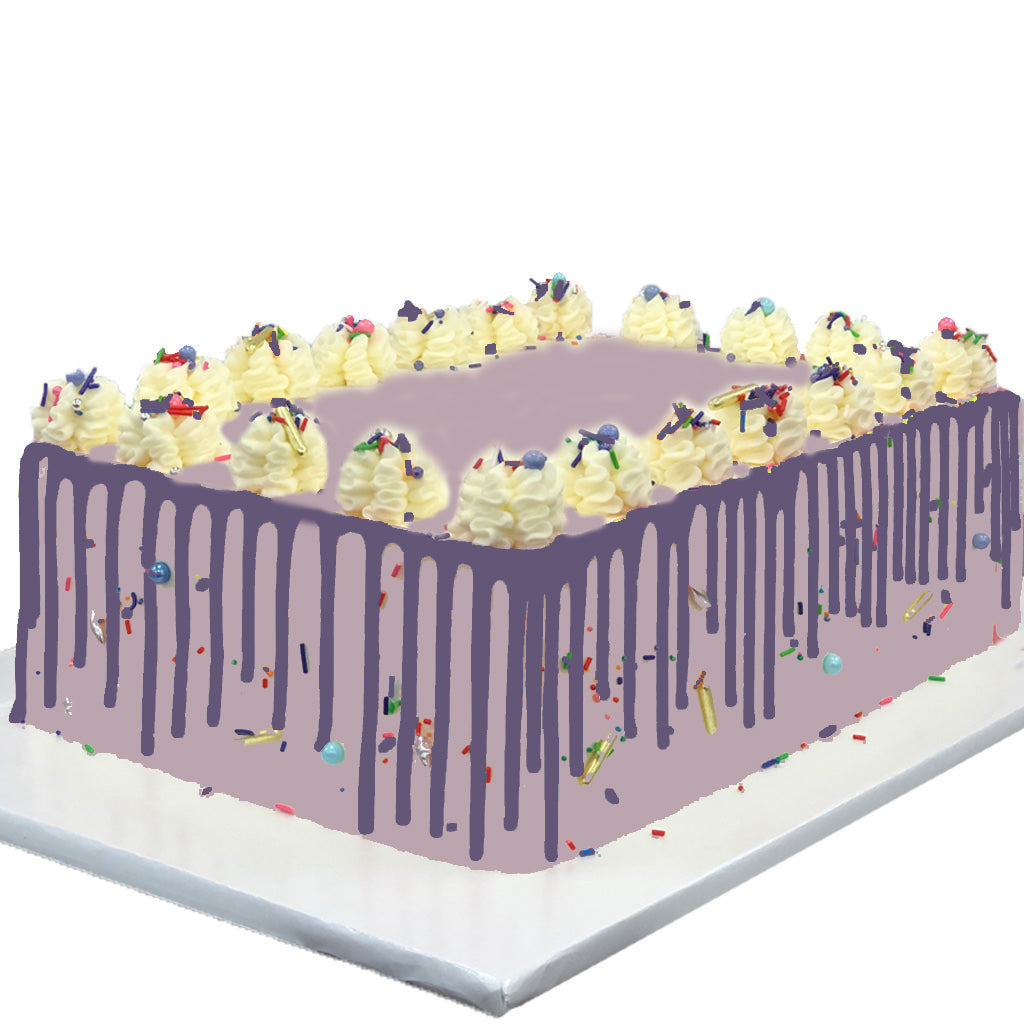 Lemon blueberry sheet cake with purple drip and sprinkles