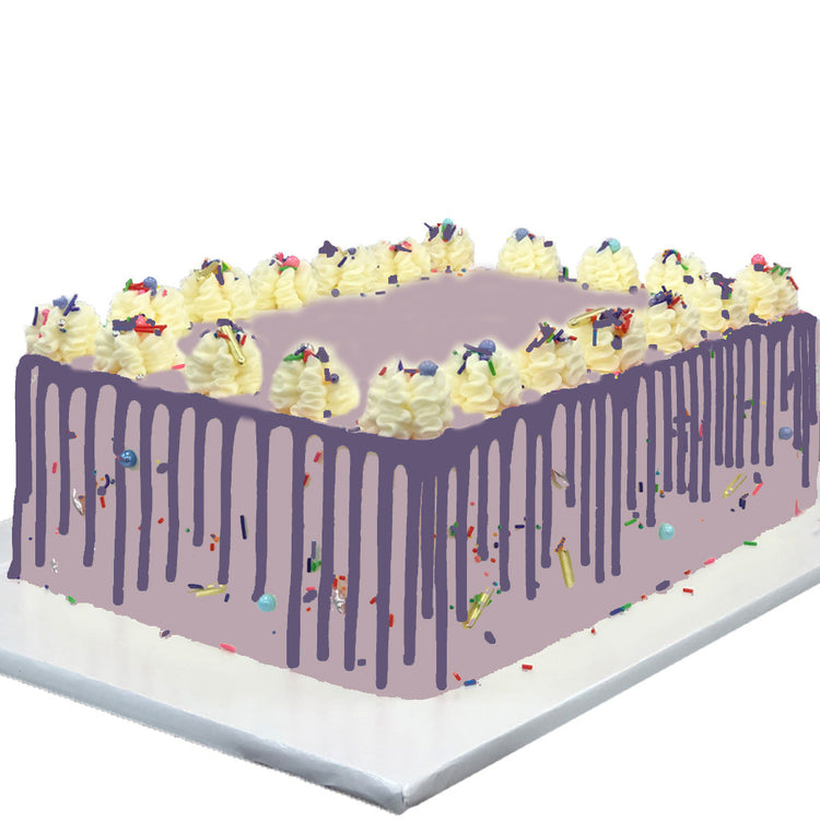 Lemon blueberry sheet cake with purple drip and sprinkles