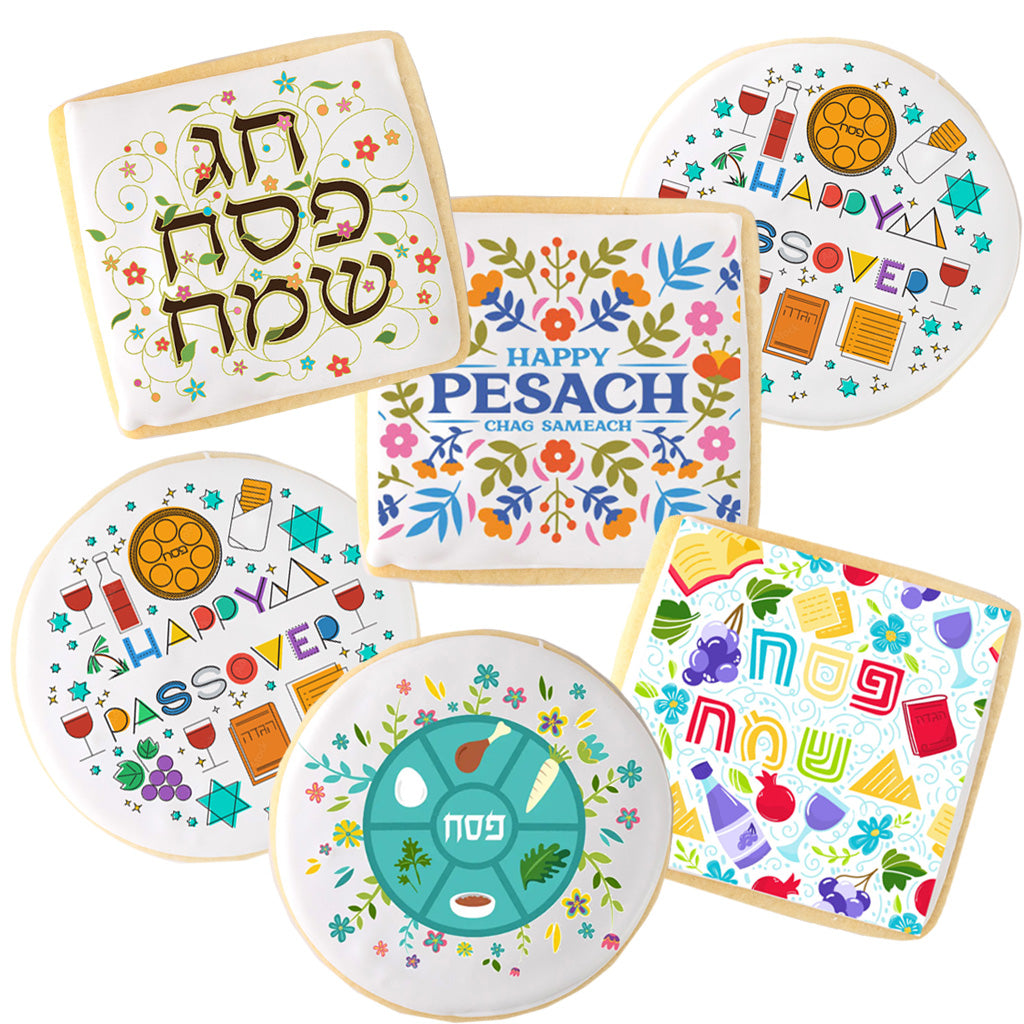 Decorated Passover butter cookies, 6-pack GF with colorful designs.