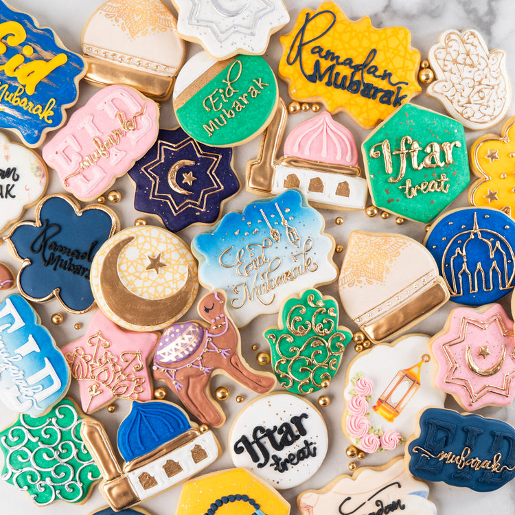 Assorted Ramadan and Eid butter cookies with colorful icing.