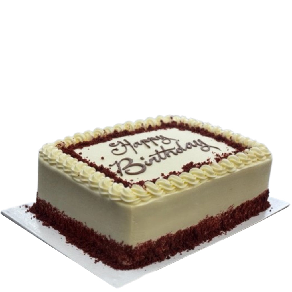 Red velvet sheet cake with Happy Birthday icing.