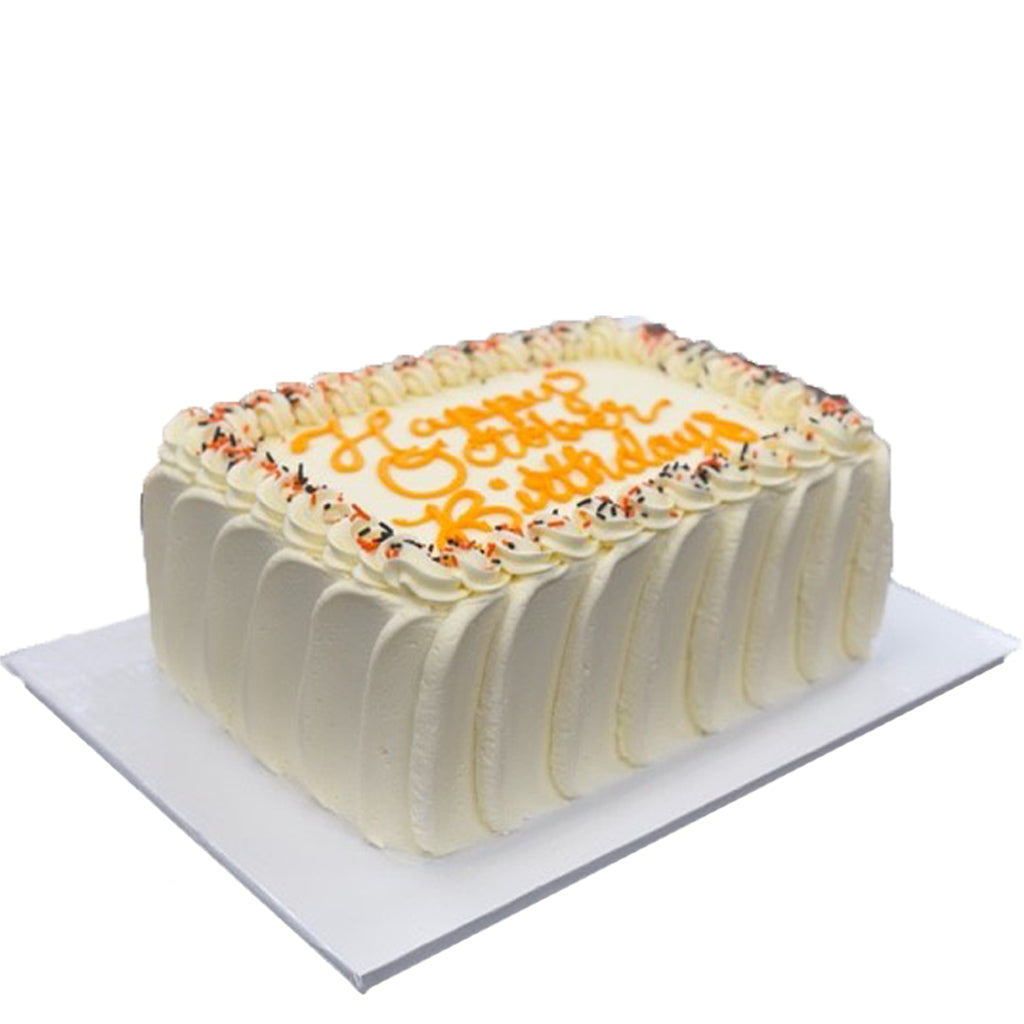 French Vanilla sheet cake with Happy Birthday icing.