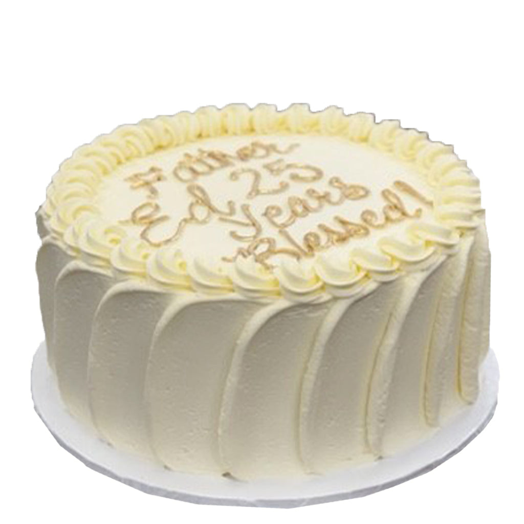 French vanilla round cake with gold script frosting.