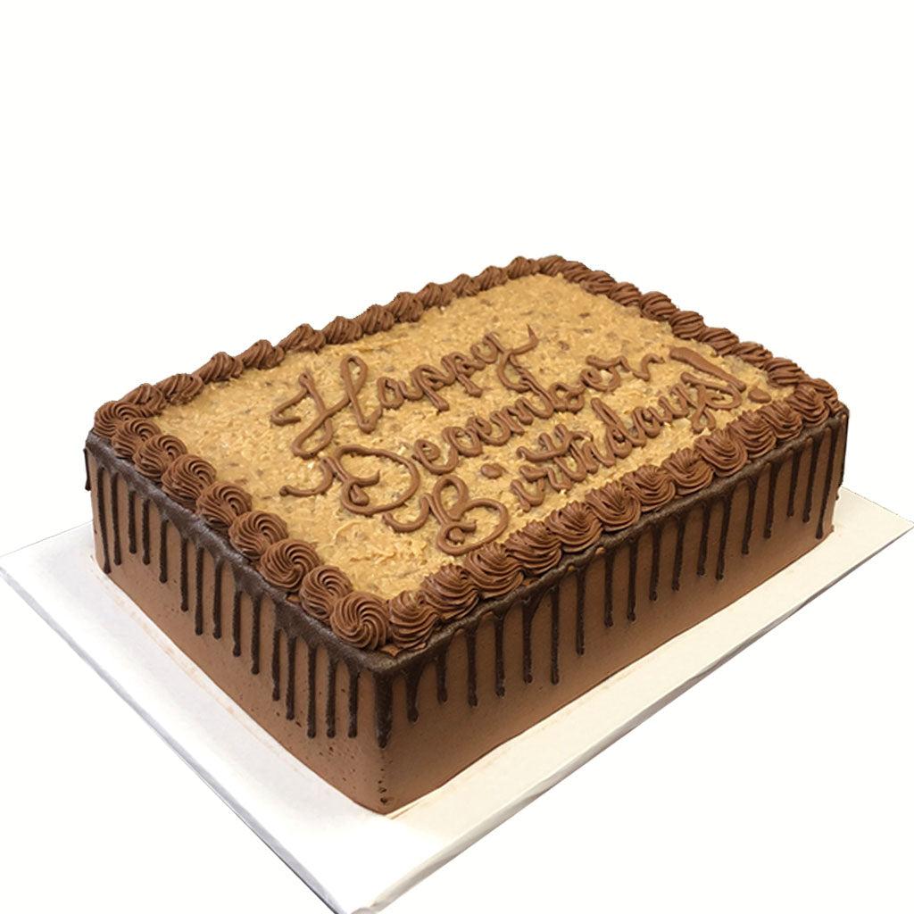 German chocolate sheet cake with coconut frosting and drip icing.
