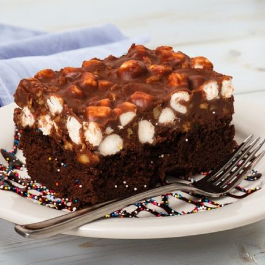 Rocky Road Texas Sheet Cake slice with marshmallows on a plate.