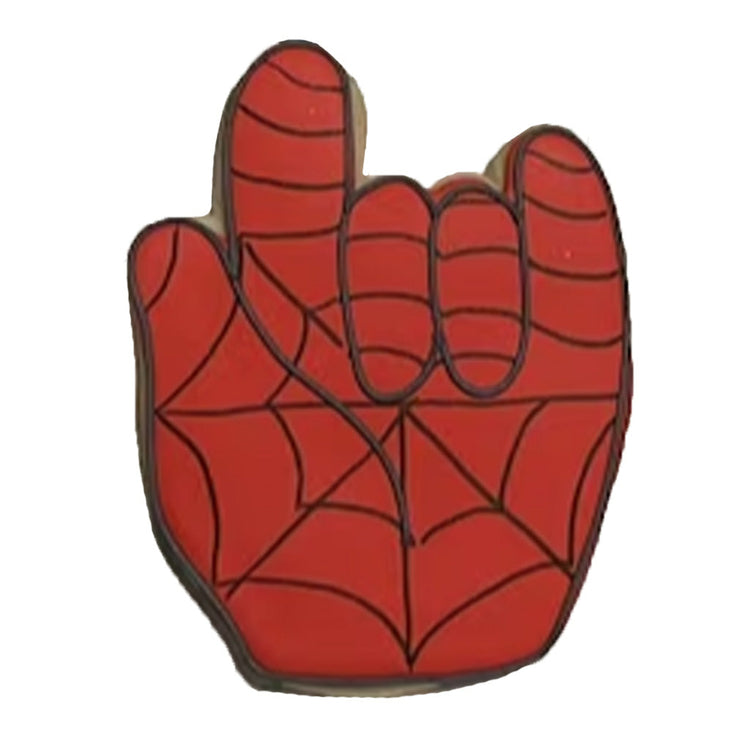 Spiderman hand-shaped cookie with red icing and web design.