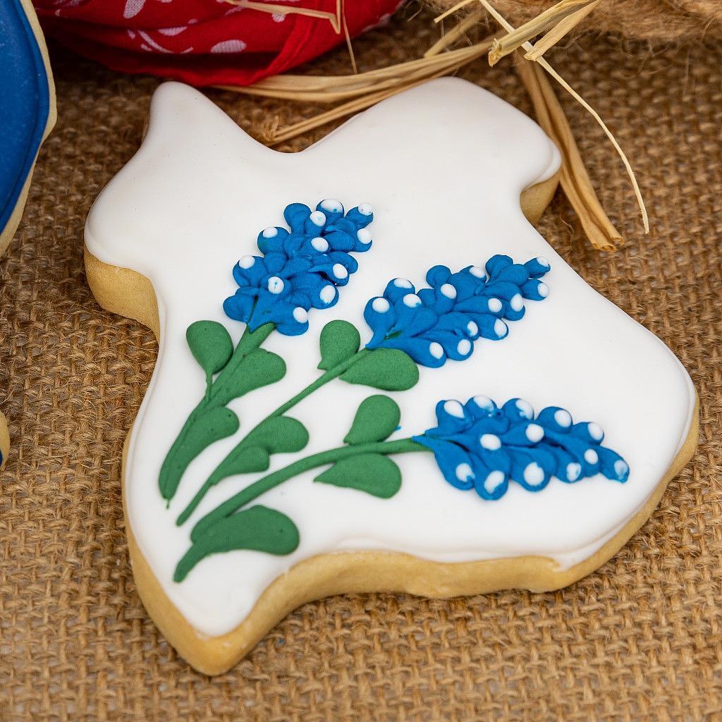 Bluebonnets on Texas shape cookie with white icing.