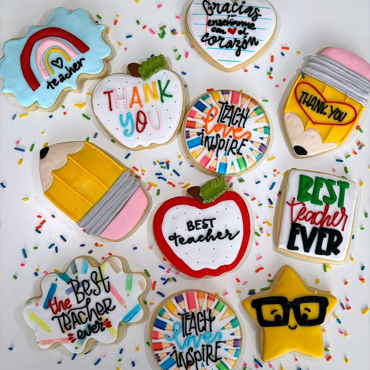 Teacher appreciation cookies with colorful school-themed designs.
