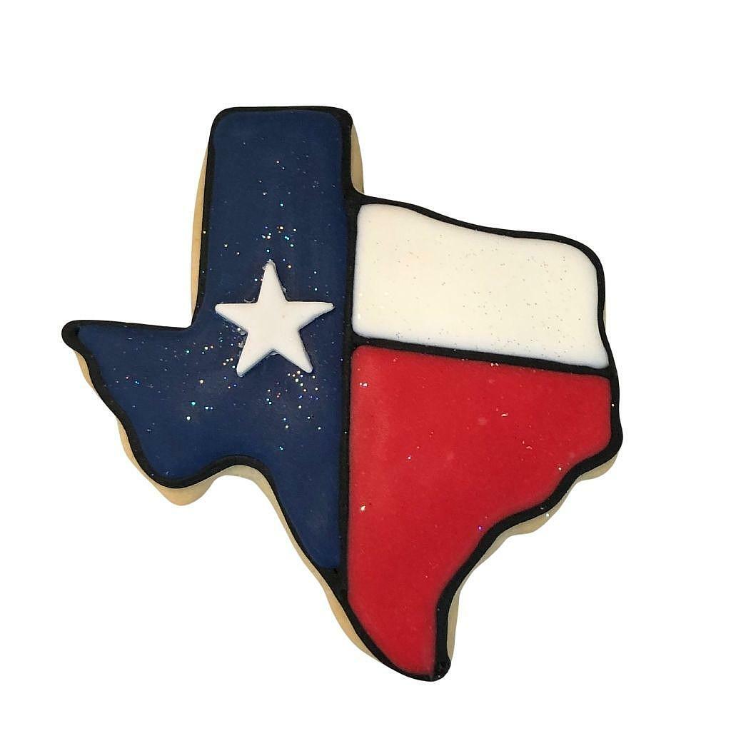 Texas-shaped sugar cookie decorated like the state flag