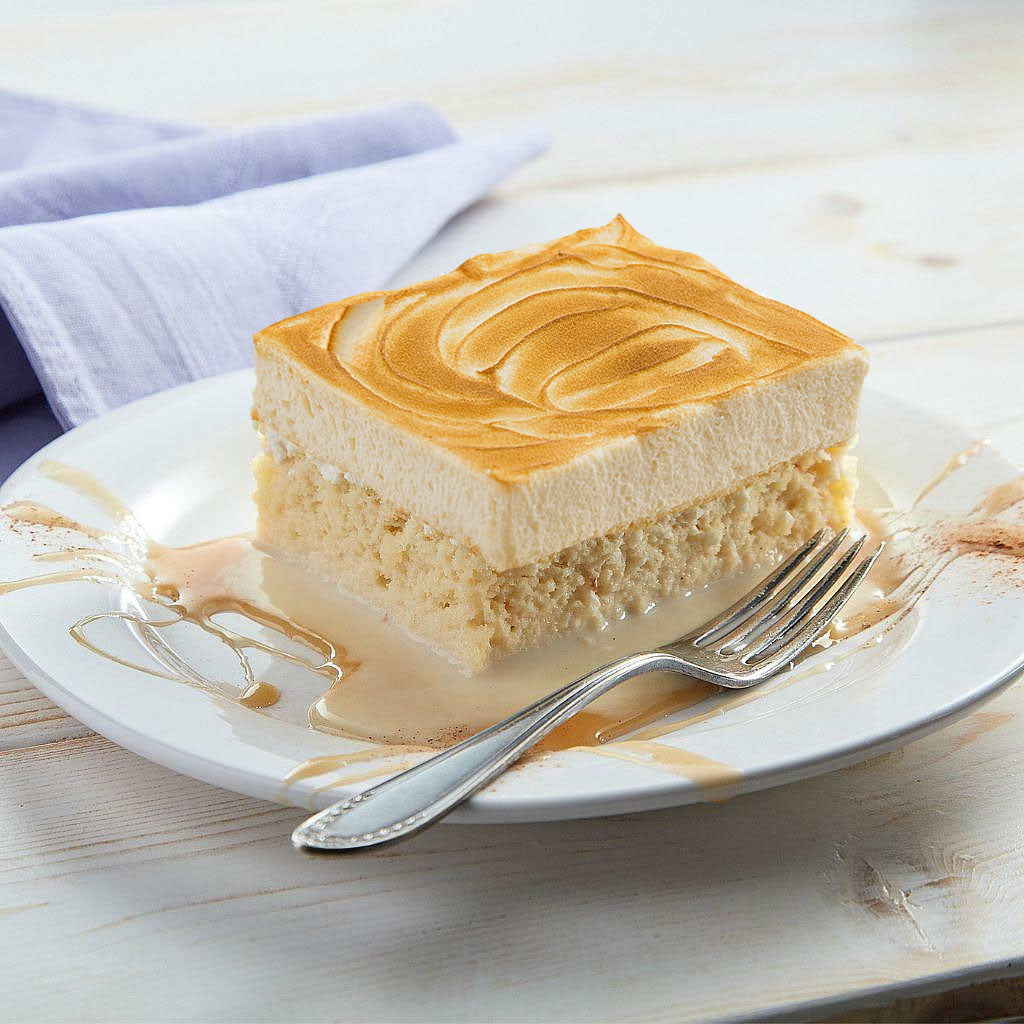 Correa-Style Tres Leches slice with toasted meringue topping