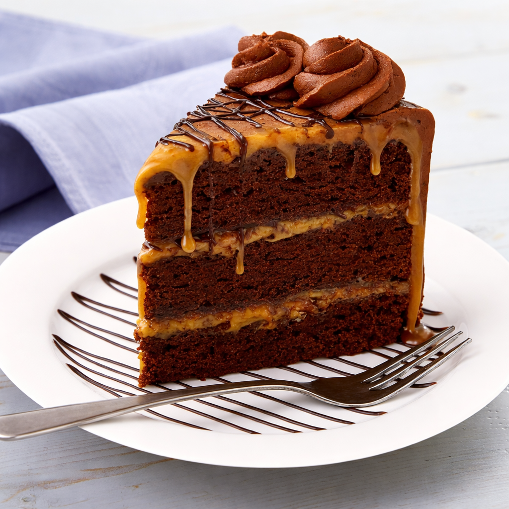 Slice of chocolate caramel cake on a white plate with a fork
