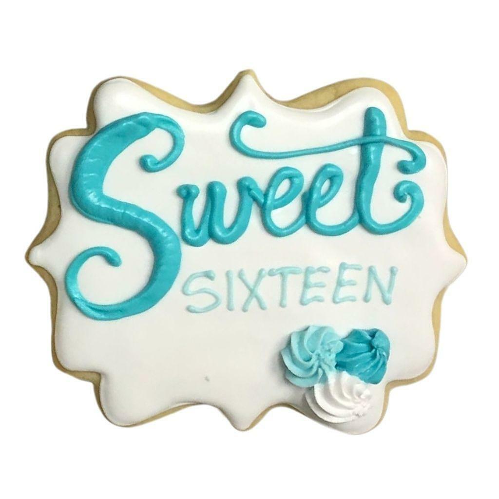 Sweet Sixteen age plaque cookie with blue icing details
