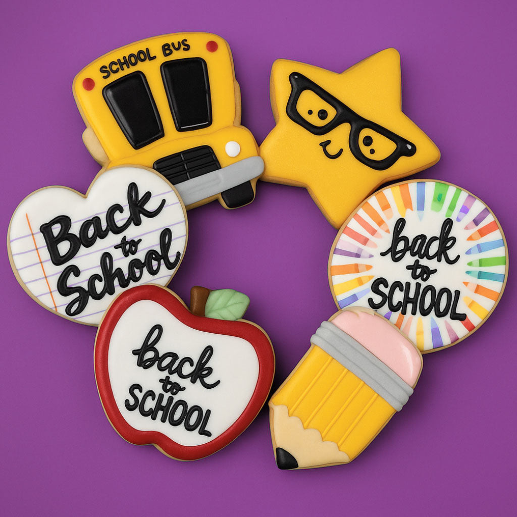 Back to School themed sugar cookies on a purple background