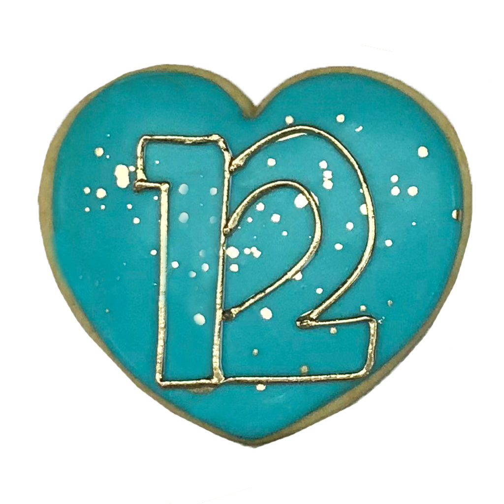 Bat Mitzvah heart cookie with blue icing and gold number 12