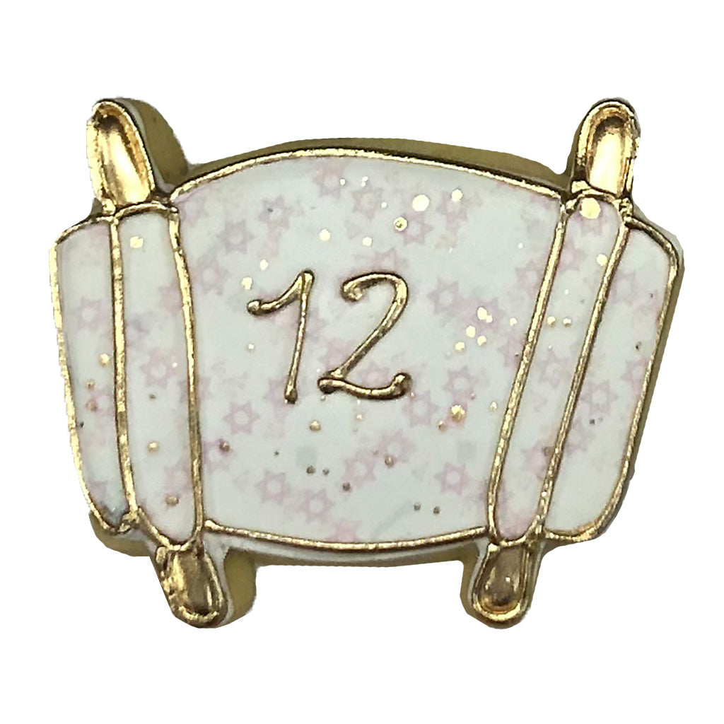 Bat Mitzvah Torah scroll pin with gold trim and number 12.