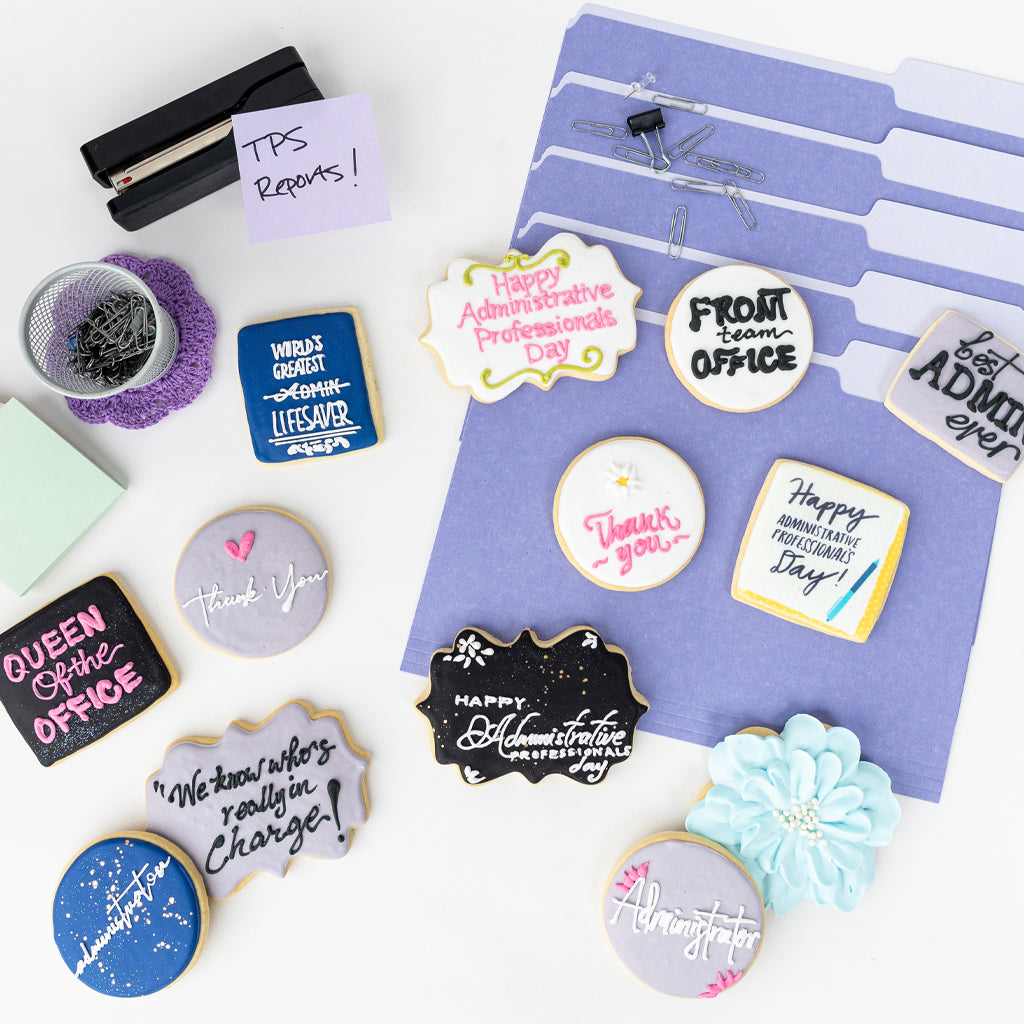 Assorted Admin Professional Week cookies with office supplies.