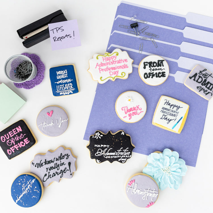 Assorted Admin Professional Week cookies with office supplies.