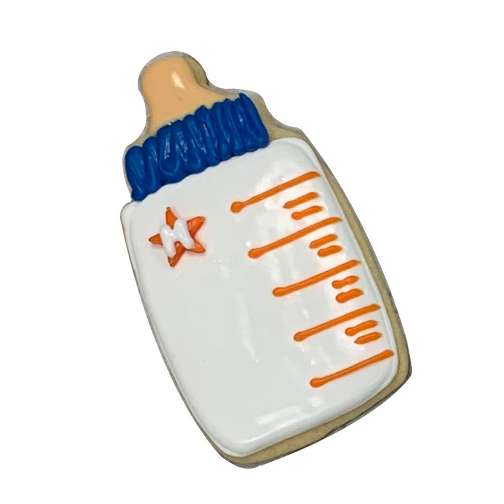 Astros baby bottle sugar cookie with orange and blue icing.